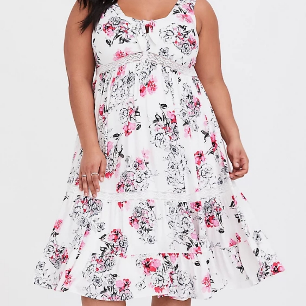 IVORY FLORAL CHALLIS MIDI DRESS